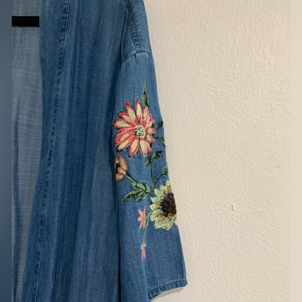 XL Chambray Floral Embroidered Open Front Cardigan Kimono Boho Spring Coastal - Picture 12 of 16